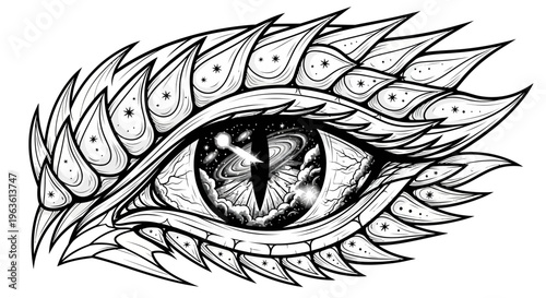 Mystical dragon eye with cosmic galaxy iris and reptilian scales. Detailed fantasy creature illustration in black and white.