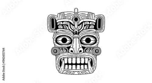 Intricate tribal ceremonial mask illustration in black and white, featuring ancient cultural patterns and a fierce, expressive face, vector art.