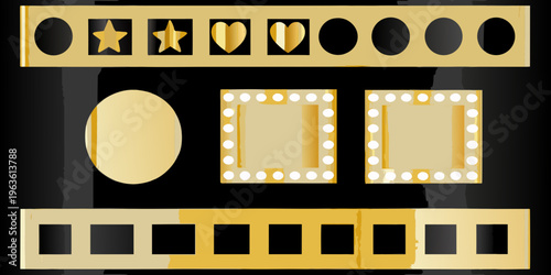 Golden film reel with stars and frames on a black background
