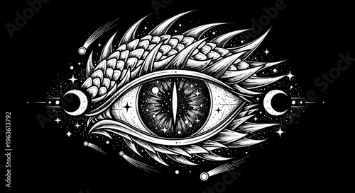 Detailed mystical dragon eye illustration with cosmic stars and moon phases. Esoteric black and white fantasy tattoo design.