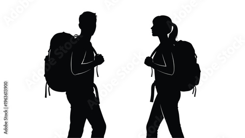 Two hikers with backpacks facing each other a dramatic silhouette