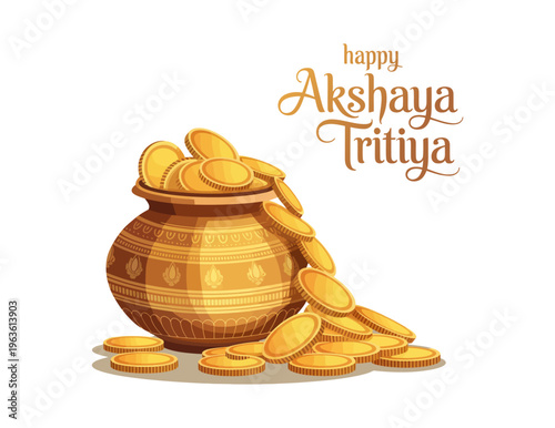 Happy Akshaya Tritiya Festival Illustration with Gold Coins and Traditional Pot