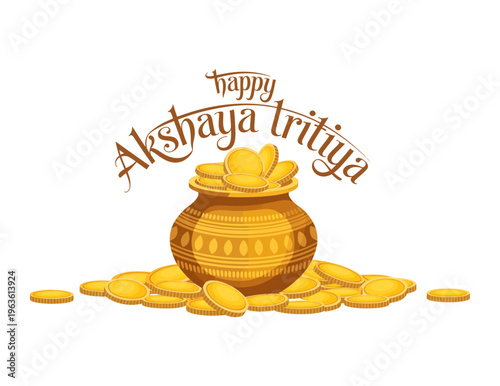 Happy Akshaya Tritiya Festival Illustration with Gold Coins and Traditional Pot