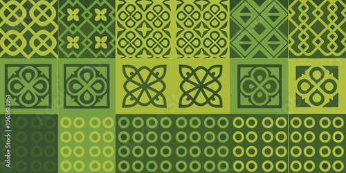 A vibrant patchwork of repeating geometric patterns in shades of green