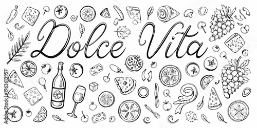 Dolce vita illustration with food wine and decorative elements