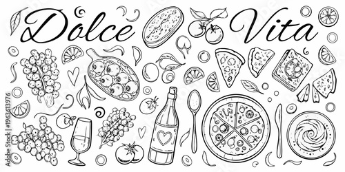 Dolce vita themed hand drawn sketches of food wine and decorative elements