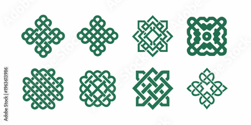 Collection of green celtic knotwork designs arranged in a grid pattern