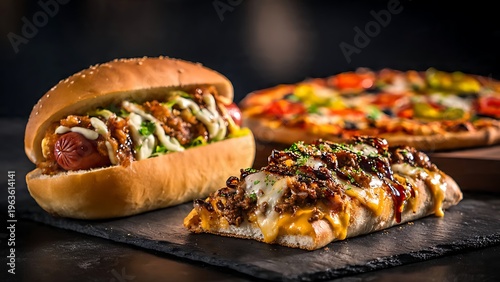 An irresistible trio of classic comfort foods, showcasing a gourmet hot dog, a savory flatbread pizza, and a cheesy chili bread, ideal for a hearty meal or sharing with friends