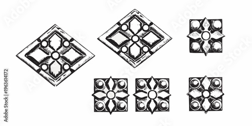 Intricate black and white sketches of diamond shaped ornamental designs
