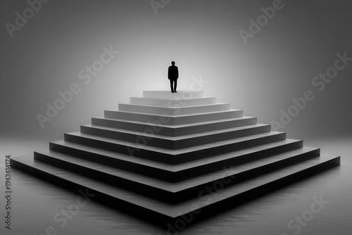 Person standing on a pyramid structure in a dark space during an unclear time of day