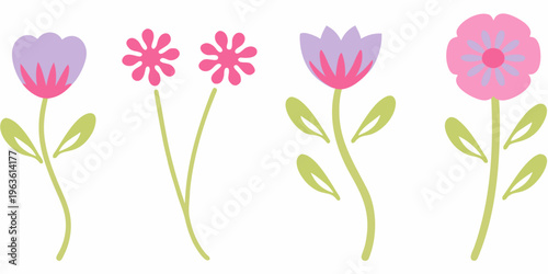 Stylized illustration of four colorful flowers with green stems and leaves