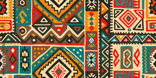 Colorful tribal pattern featuring geometric shapes and stylized motifs