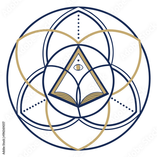 Sacred geometry symbol with eye of providence, open book, and geometric patterns