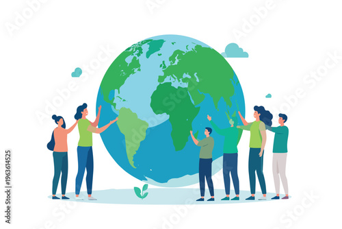 Quadro em tela Diverse group of people caring for planet earth globe vector illustration