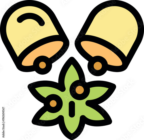 Two bells pouring star anise seeds on a green flower, representing the concept of flavoring or adding spice