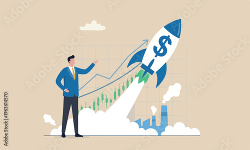US Dollar valu rate, exchange rate or financial report, economy or investment concept, businessman investor look at dollar sign rocket flying high on exchange chart
