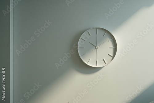 Wall clock shows time with shadows on a plain wall in a bright room during the day