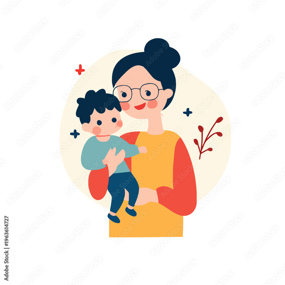 Obraz premium Mother Holding Child Happy - Cute Mom with Kid Illustration, Love and Affection, Family Bond Concept, Joyful Moment, Motherhood, Cheerful, Minimalist Style Vector Art Graphic Design, Vector Image