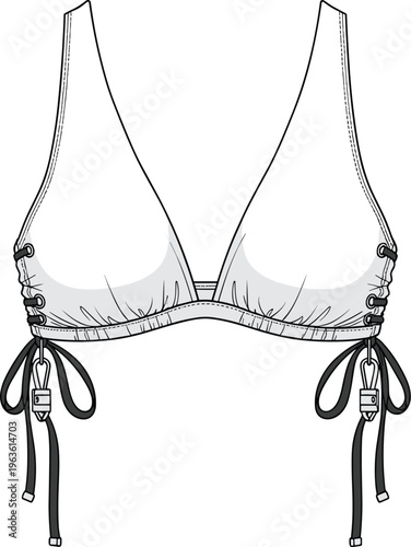 White bikini top with lace-up sides and tie closures, front view.