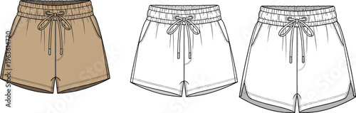 Collection of women's shorts in different colors and styles, fashion sketches.