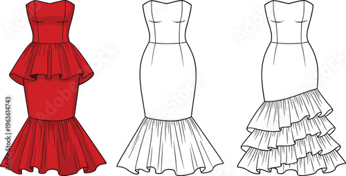 Fashionable strapless dresses with ruffled skirts and mermaid hems.
