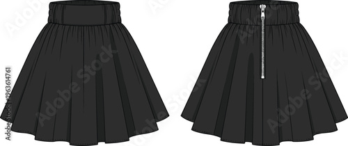 Black flared skirts with elastic waistband and front zipper detail.