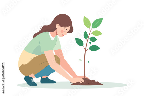 Young woman planting a small tree in the ground vector illustration