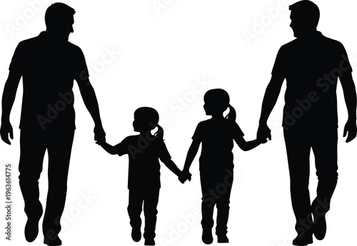 Two fathers holding hands with daughters, illustrating modern family structure and love.