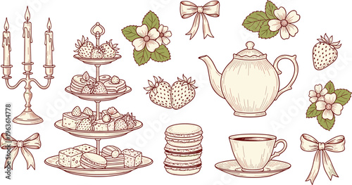 Tea party set with teapot cups pastries and strawberries, vintage illustration.