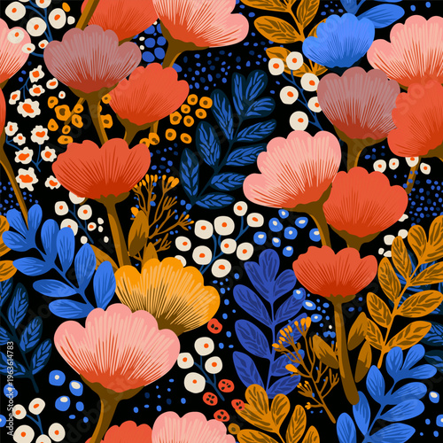 Abstract seamless botanical floral and leaves pattern on black background