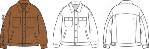 Fashionable denim jacket for men and women front and back view with buttons and pockets.