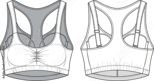 Sports bra front and back view flat fashion illustration.