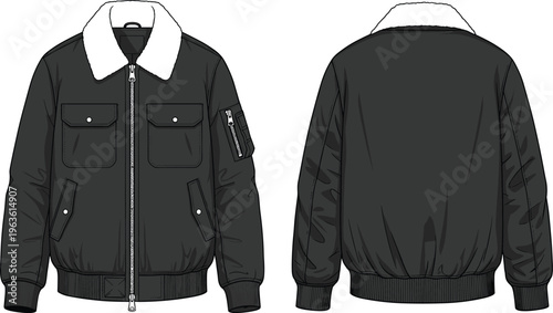 Front and back view of a black bomber jacket with fur collar.
