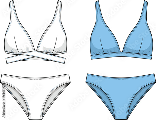 Bikini set front and back view flat fashion illustration.
