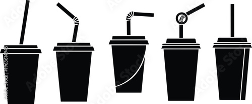 Collection of five disposable cups with straws for drinks on transparent background.