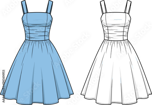 Blue and white vintage style dress with thin straps on transparent background.