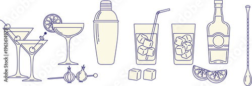 Set of vector line art illustrations of cocktails, bar tools and garnishes on transparent background.