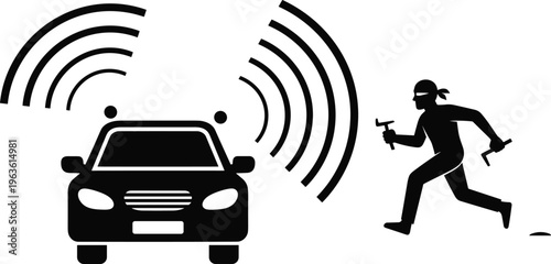 Car alarm system activated during attempted car theft by thief with tools on transparent background.