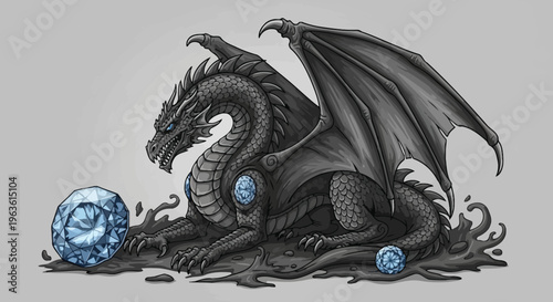 Dark fantasy illustration of a formidable winged dragon resting, guarding a luminous blue gemstone surrounded by smaller embedded jewels