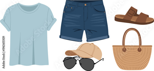 Summer vacation clothes and accessories for men and women laid out for outfit planning.