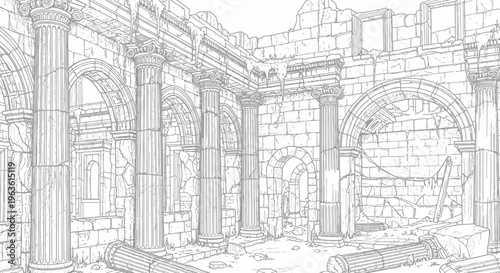 Detailed line drawing of ancient ruins interior featuring classical columns, arches, and crumbling stone architecture.
