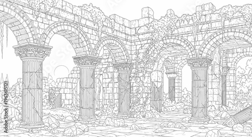 Ancient architectural ruins line art illustration with crumbling stone columns and arches. Historic fantasy temple outline drawing.
