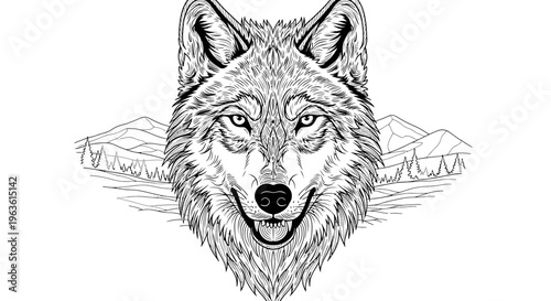 Majestic Wolf Head Line Art Illustration with Forest and Mountain Scenery in Black and White