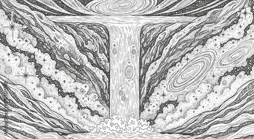 Surreal Cosmic Waterfall Illustration with Flowing Galaxies and Stars in a Mystical Universe Landscape