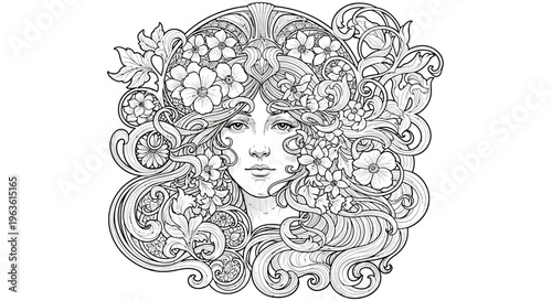 Elegant Art Nouveau Woman Portrait with Intricate Floral Hair, Detailed Monochrome Line Art Illustration