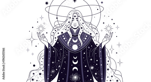 Mystical celestial woman illustration with cosmic elements, stars, moons, and planetary rings. Ethereal spiritual divine female figure.