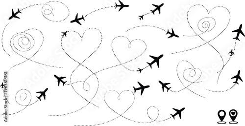 Vector illustration of multiple airplane silhouettes with dotted flight paths forming loops, spirals, and heart shapes, creative travel and love-themed aviation design