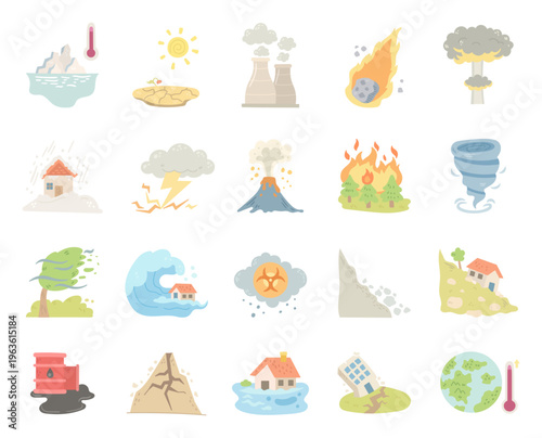 Earth catastrophe set in scandinavian style depicting powerful natural disasters and climate hazards highlighting environmental crisis and destructive weather phenomena worldwide