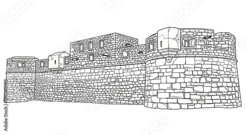 Detailed line art illustration of an ancient stone fortress or medieval castle with high protective walls and strong turrets