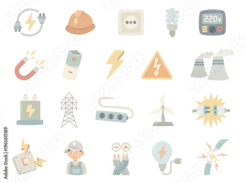 Electricity engineering set in scandinavian style featuring plug socket bulb battery magnet generator turbine tower panel hazard worker wiring equipment